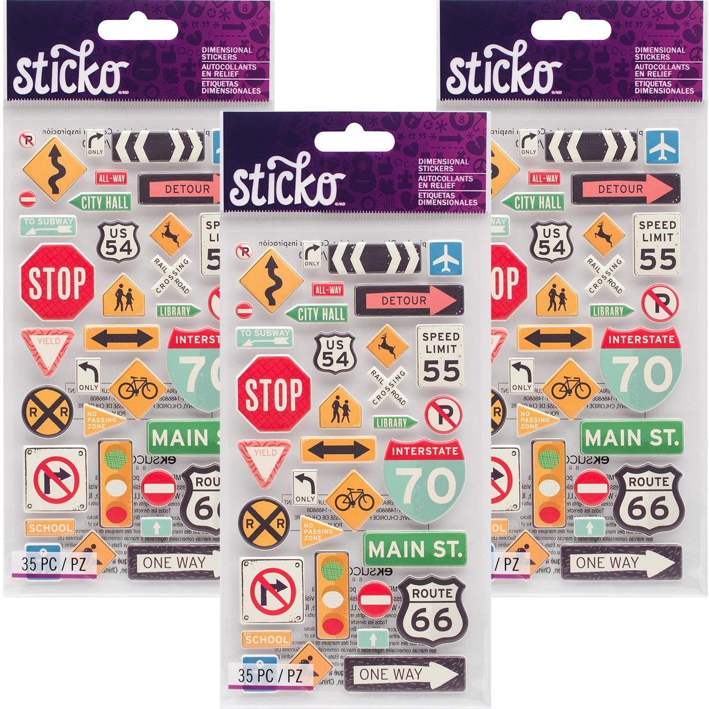 Sticko Dimensional Stickers-Road Signs, Multipack Of 3