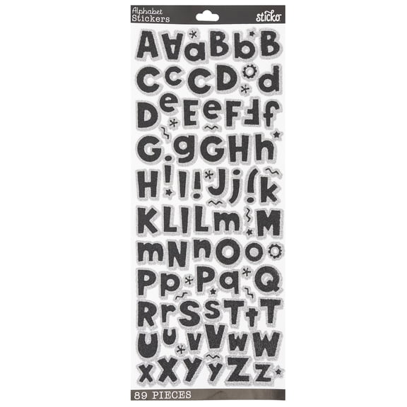 Sticko Solid Large Black Glitter Alphabet Plastic Stickers, 93 Piece