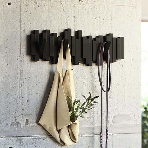 Sticks Wall-Mounted Coat Rack Rail Hook with 5 Retractable Pegs – Modern, Space-Saving Storage Organizer, Black
