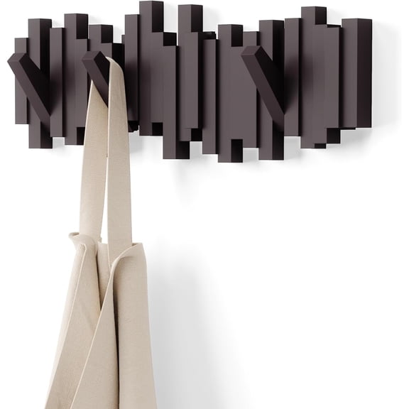 Sticks Wall-Mounted Coat Rack Rail Hook with 5 Retractable Pegs Modern, Space-Saving Storage Organizer, Espresso