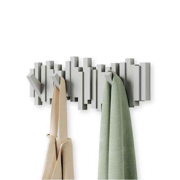 Sticks Wall-Mounted Coat Rack Rail Hook with 5 Retractable Pegs – Modern, Space-Saving Storage Organizer, Grey