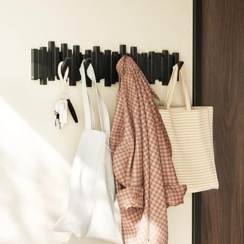 Sticks Wall-Mounted Coat Rack Rail Hook with 8 Retractable Pegs – Modern, Space-Saving Storage Organizer, Black
