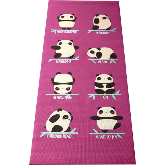 Sticky 60" x24" Yoga Mat - 3mm Thick Comfortable Workout Floor Mat for Kids - Foldable Yoga Mat for Yoga, Pilates, Gym and Stretching, Raspberry Panda