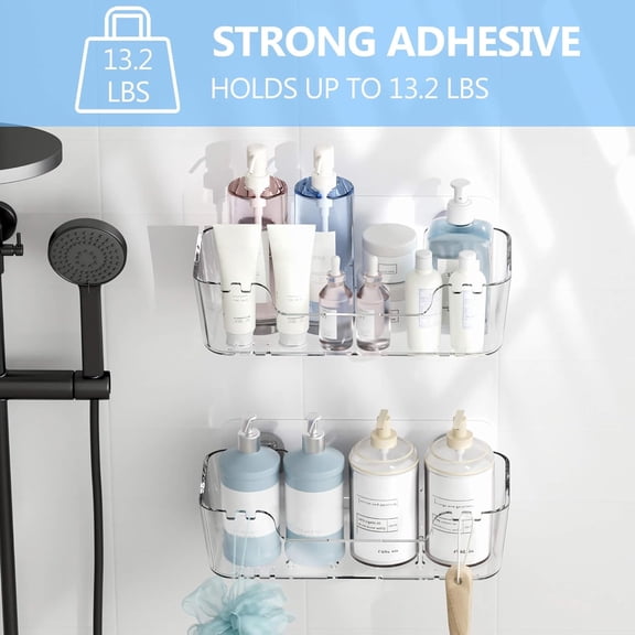 Sticky Acrylic Tile Hanging Bathroom Shower Caddy Organizer, 2-Pack, Clear, No Drilling