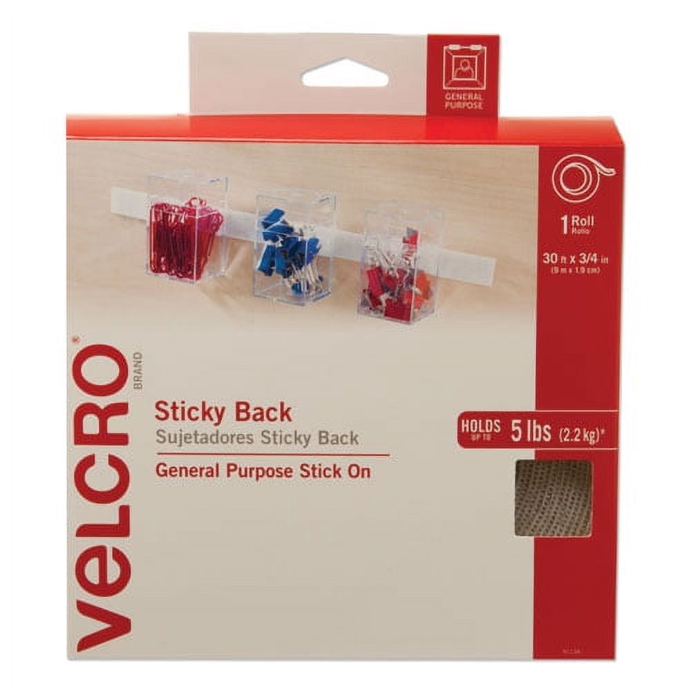 Sticky-Back Fasteners, Removable Adhesive, 0.75" X 30 Ft, White | Bundle of 2 Rolls