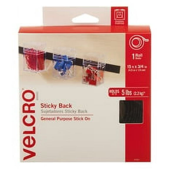 Sticky-Back Fasteners With Dispenser, Removable Adhesive, 0.75" X 15 Ft, Black | Bundle of 5 Rolls