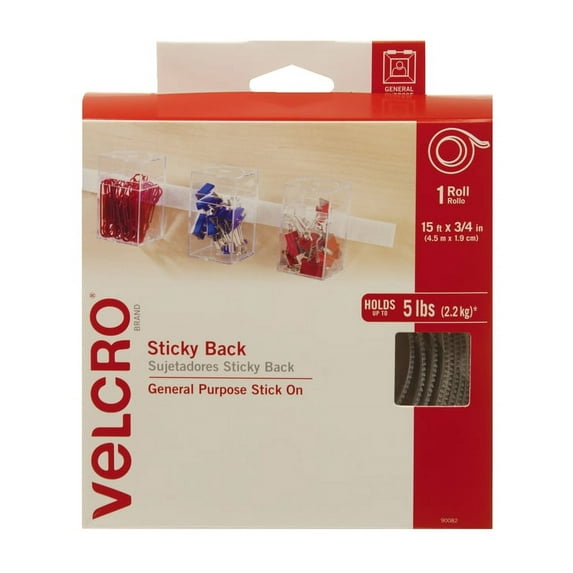 Sticky-Back Fasteners With Dispenser, Removable Adhesive, 0.75" X 15 Ft, White | Bundle of 5 Rolls