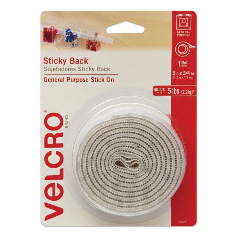 Sticky-Back Fasteners With Dispenser, Removable Adhesive, 0.75" X 5 Ft, White | Bundle of 2 Rolls