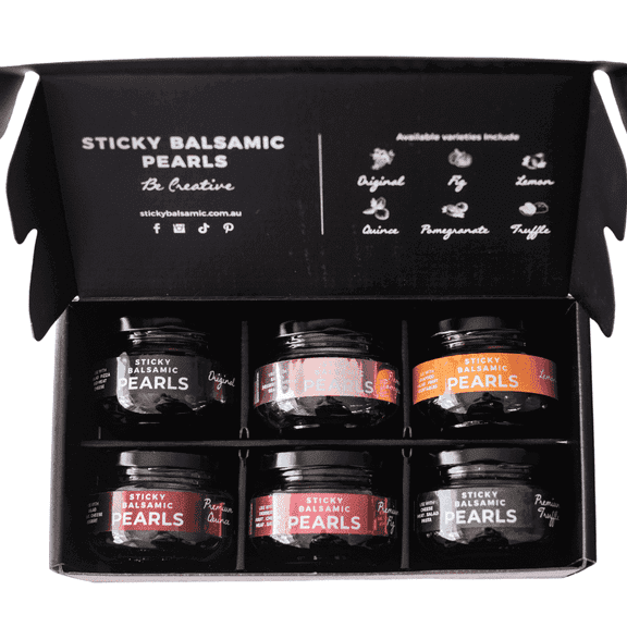 Sticky Balsamic Pearls Gift Box, 6-Count, Assorted Flavors (Lemon, Original, Fig, Pomegranate, Quince, Truffle), 3.8 fl oz