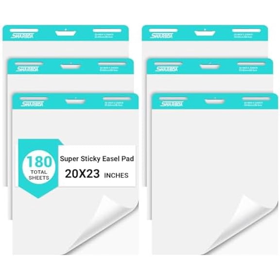 Sticky Easel Pad,20 in x 23 in,Flip Chart Paper,Sticky Chart Paper for Teachers,Self-Stick Easel Paper,Super Sticky & Bleed-Resistant, 30 Sheets/Pad, 6 Pads