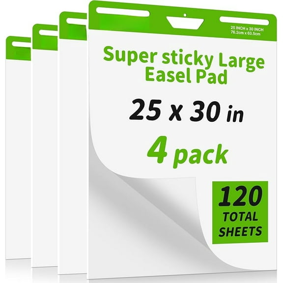 Sticky Easel Pad 25 in x 30 in, 30 Sheets/Pad, 4 Pads/Pack, Sticky Flip Chart Paper for Teachers, Super Sticking Power & Bleed-Resistant