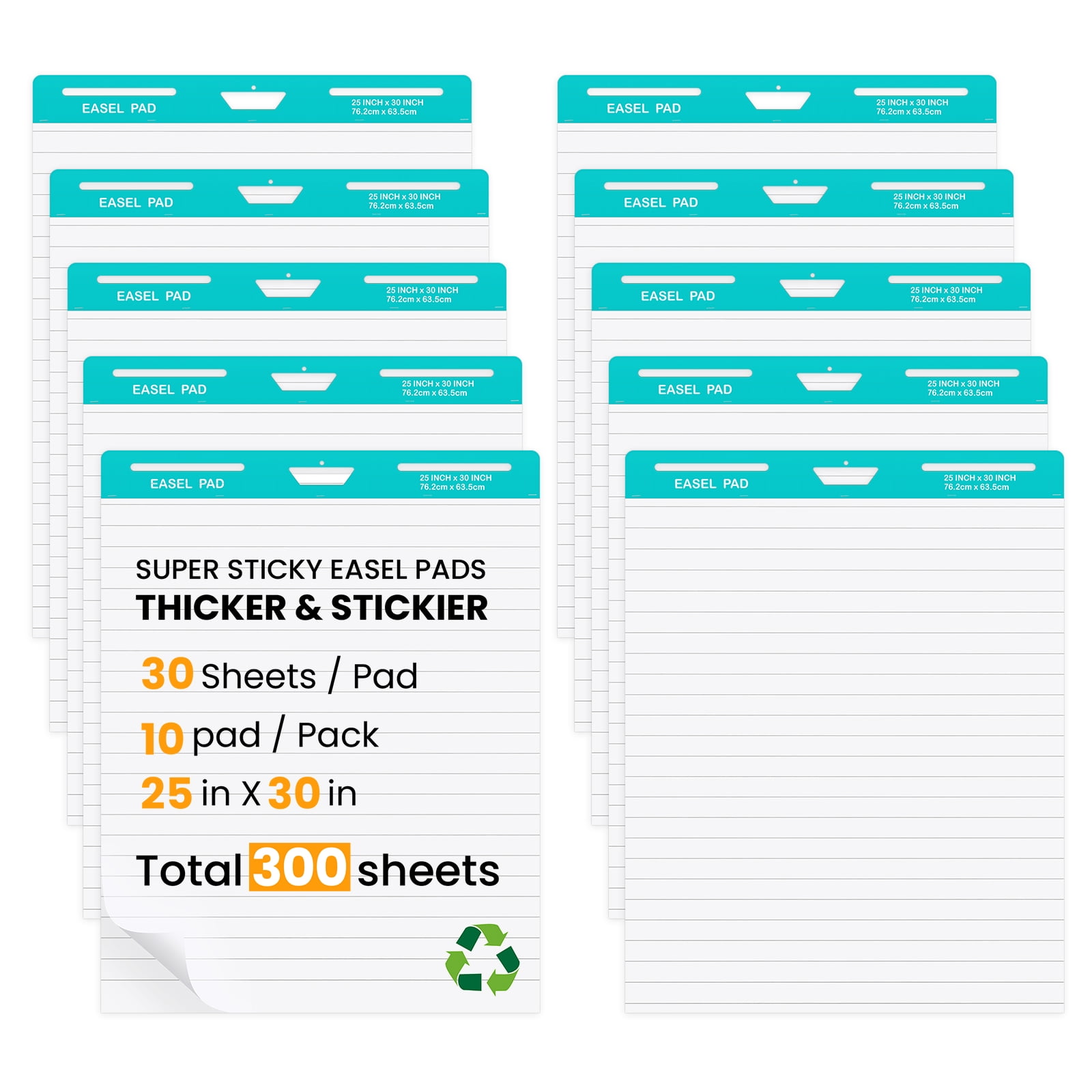 Sticky Easel Pad, 25 x 30 Inch, White, 30 Sheets/Pad, 10 Pads/Pack, Flip Chart Paper for Teachers,Large Self-Stick Easel Paper, Super Sticking Power & Bleed-Resistant