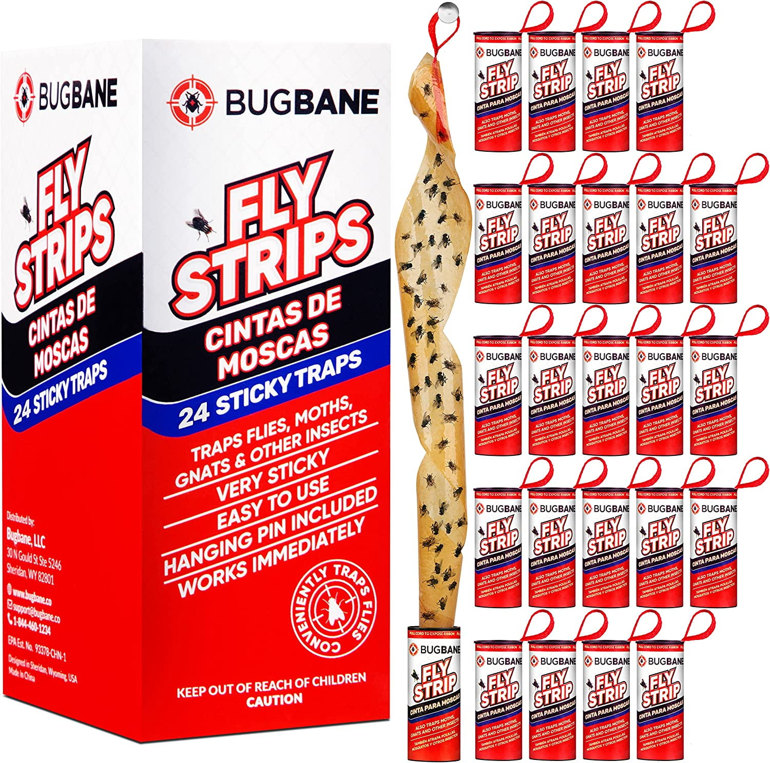 BugBane 1 24 Fly Strips Indoor Sticky Hanging with Pins. Paper Tape for  Indoors and Outdoor. Catcher Ribbon Traps Flypaper. Fruit Gnat