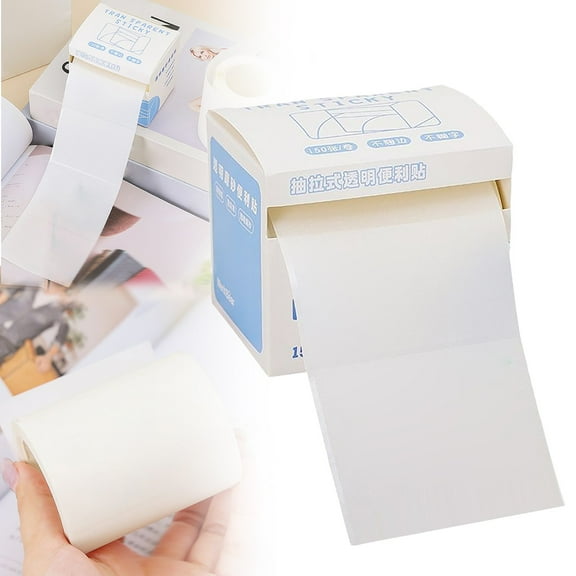 Sticky Full Adhesive Notes Roll Tape with Pull Out Dispenser Boxes, 150 Sheets Clear Sticky Notes, Self-Stick Memo Pads Sticker Label for Noting Writing (White) 3.07x2.36x2.56"