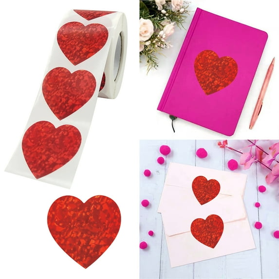Sticky Note,500 Sheets Red Heart Reflective Stickers Roll - Holographic Laser Adhesive Wall Decals, Waterproof DIY Decorative Labels, Strong Adhesive Party Decor
