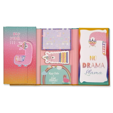 Sticky Note Cute Variety Set in a Padded Compact Trifold Book, 120 Total Pieces, 4 Assorted Designs & Sizes, by Better Office Products, No Drama Llama