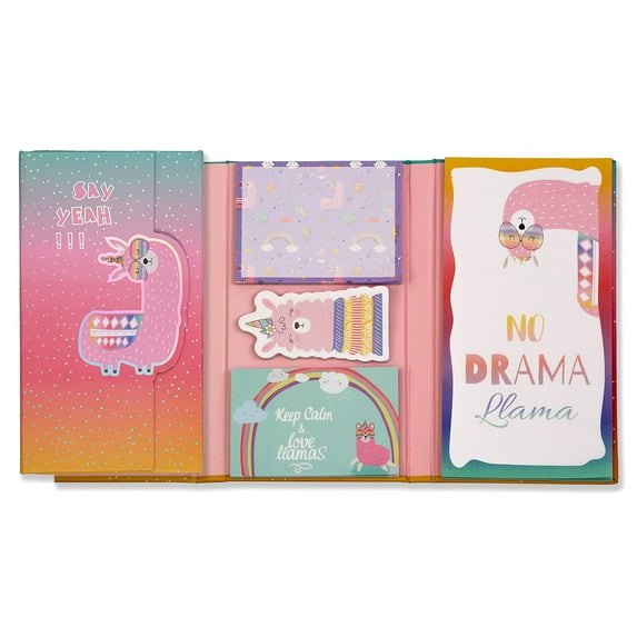 Sticky Note Cute Variety Set in a Padded Compact Trifold Book, 120 Total Pieces, 4 Assorted Designs & Sizes, by Better Office Products, No Drama Llama