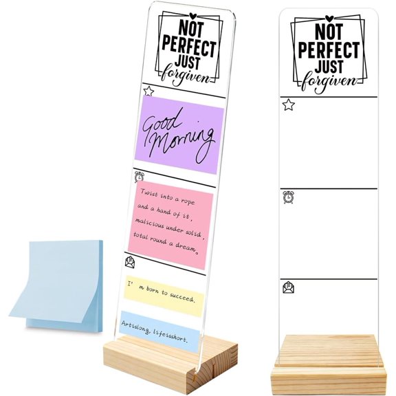 Sticky Note Holder, Memo Board, It Note Holder with Wooden Base, Includes 100 Notes, Desk Organizer, Christian Quote "Not Just Forgiven"
