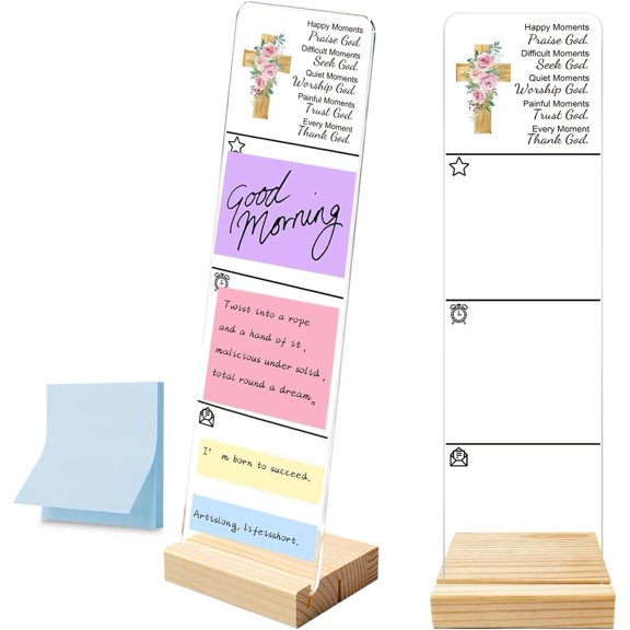 Sticky Note Holder, Memo Board, It Note Holder with Wooden Base, Includes 100 Notes, Religious Desk Organizer, Christian Quote "Happy Moments Praise God"