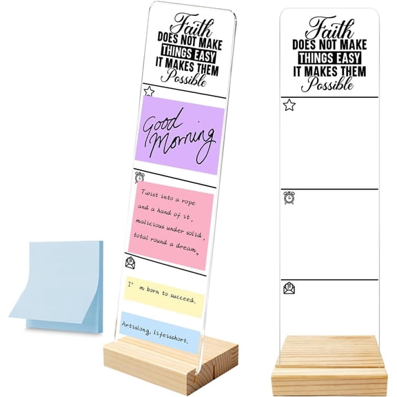 Sticky Note Holder, Monitor Memo Board, Acrylic Post It Note Holder with Wooden Base, Includes 100 Notes, Desk Organizer, Christian Quote Faith Does Not Make Things Easy It Makes Them Possible