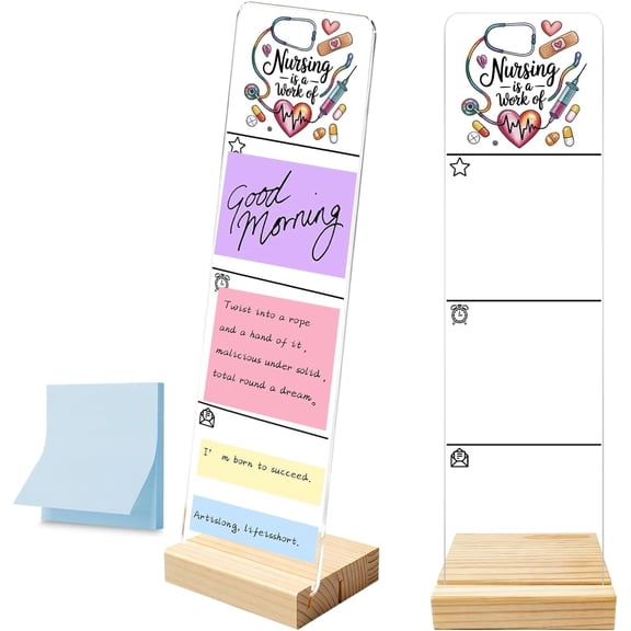 Sticky Note Holder, Monitor Memo Board, Acrylic Post It Note Holder with Wooden Base, Includes 100 Notes, Nurse Appreciation Desk Organizer Nursing Quote Nursing is a Work of Heart