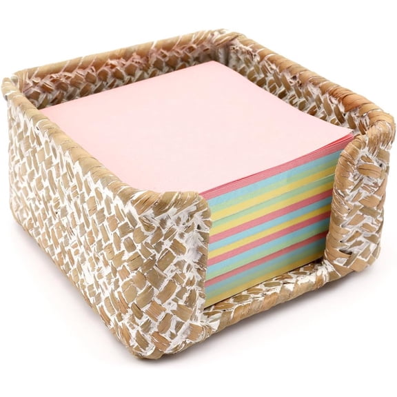 Sticky Note Holder Seagrass Post It Note Dispenser, 3 x 3 Inch Woven Sticky Note Dispenser, Farmhouse Post It Holder for Desk Home Office Decor, Whitewash