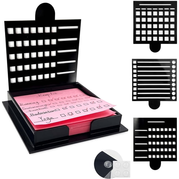Sticky Note Holder with Three Different Stencil, Post Note Holder for 3x3 inch Sticky Notes,Black Acrylic Post It Note Holder with Anti-Skidding Mats for Room and Office Desk Organizer
