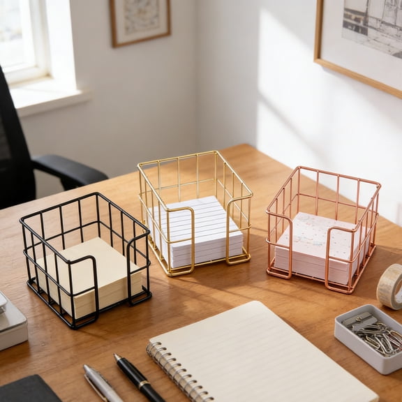 Sticky Note Holder for Desk, Wrought Iron Mesh Note Pad Organizer Basket, Metal Desktop Grid Storage for Office, Home, Dorm