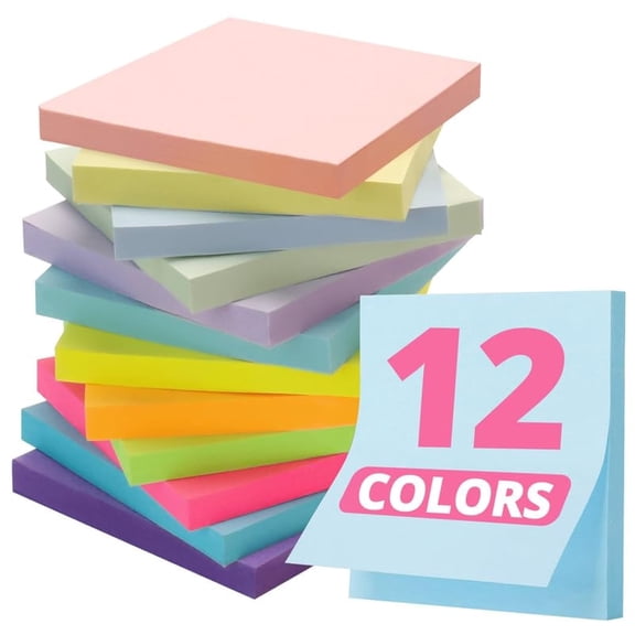 Sticky Notes 12 Pads, 3x3 Inch Self Stick Notes, Pastel Colored Memo Pads for Office Organization, Study Notes, Daily Planner, Multicolor