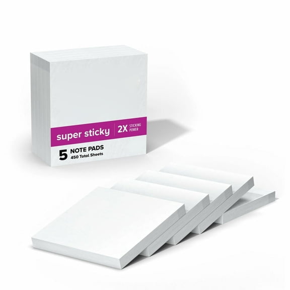 Sticky Notes 3x3 Inches, 5 Pads with 90 Sheets Each, Super Adhesive for Vertical Surfaces Like Walls Windows Monitors, Office Supplies, White