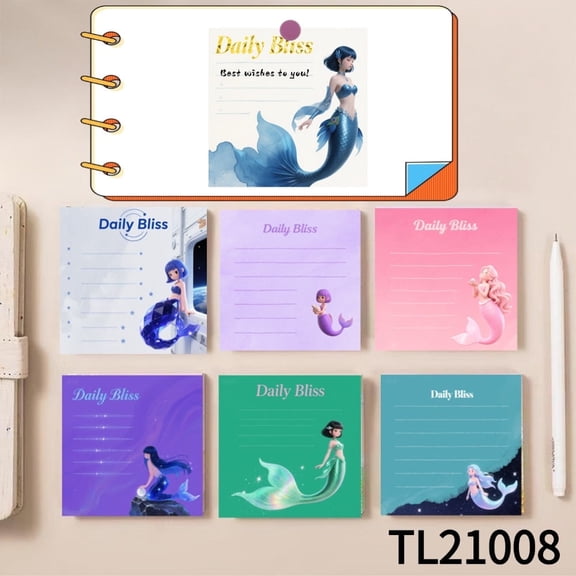 Sticky Notes Featuring Mermaid Characters (3.54×3.54 Inches) 100-Pack with105 Emoticon Stickers, Quickly Jotting Down Reminders, Leaving Temporary Messages, Suitable for Various Surfaces