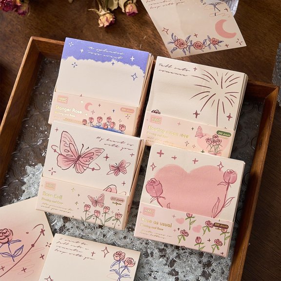 Sticky Notes Set, 200 Self Stick Memo Pad With Delicate Heart, Rose & Butterfly Designs (2)