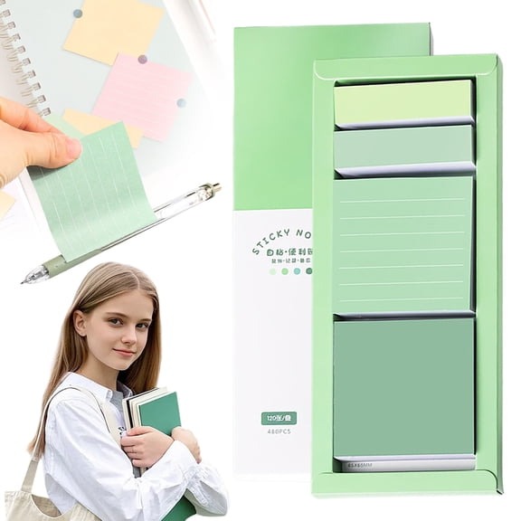 Sticky Notes Set, 480 Sheets Lined Pastel Sticky Note Pads, Portable Sticky Notes, Self-Stick Index Tabs Flag Organizer for Planner, Journal, Calendar, Green