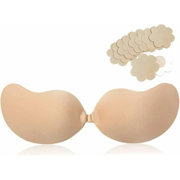 Sticky Push up Bra for Women with 5 Pairs Disposable Nipple Pasties Reusable Silicone Adhesive Strapless Stick on Bra & Nipple Covers Pack Front Clasp for Backless