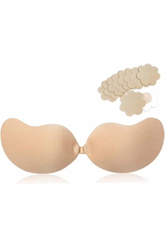 Sticky Push up Bra for Women with 5 Pairs Disposable Nipple Pasties Reusable Silicone Adhesive Strapless Stick on Bra & Nipple Covers Pack Front Clasp for Backless