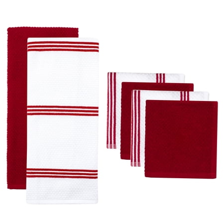 Sticky Toffee, 6 Pack, Cotton Terry Kitchen Towel and Dishcloth Set, Red