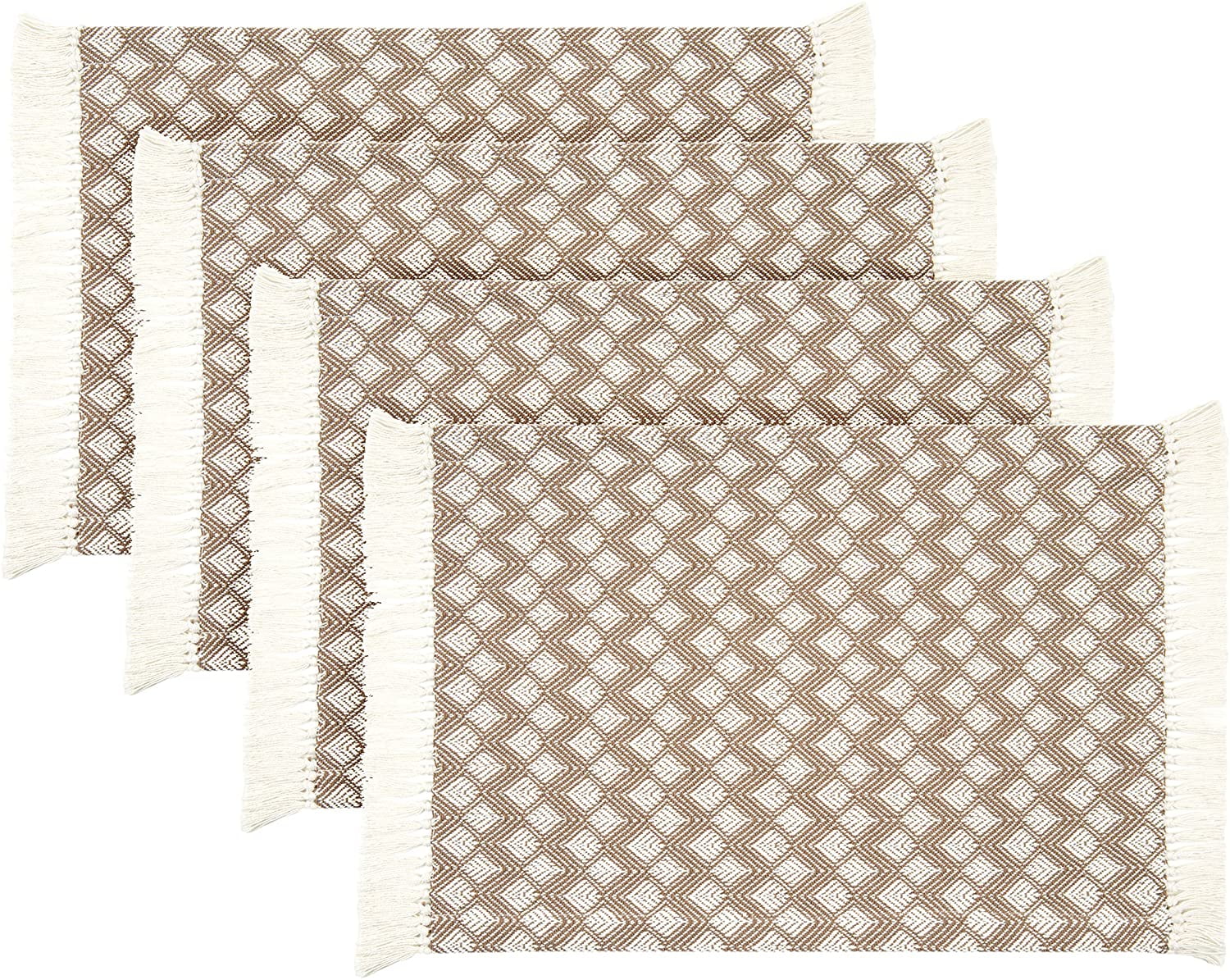 Sticky Toffee Cotton Woven Placemat Set with Fringe, Scalloped Diamond