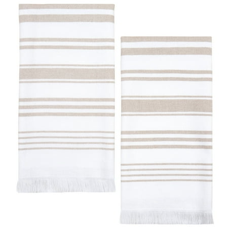 Sticky Toffee Large Absorbent Bath Towels, 100% OEKO-TEX Cotton, 28x16 in, Set of 2, Turkish White, Tan Striped