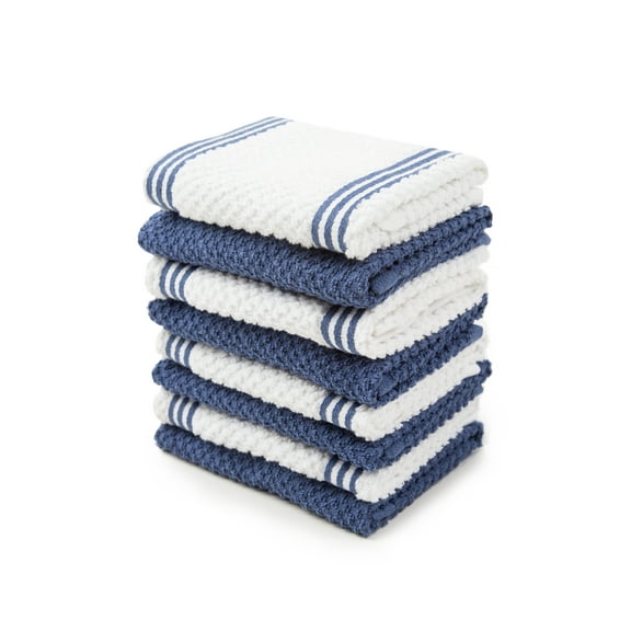 "Sticky Toffee OEKO-TEX Cotton Absorbent Dishcloths, Set of 8, Dark Blue/White, 12\""x12\"""