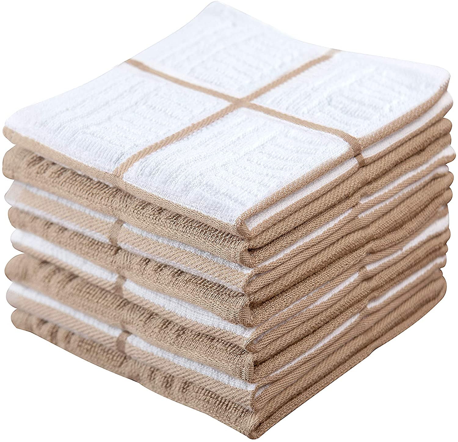 Sticky Toffee Kitchen Towels Dish Towels 100% Cotton, Set of 4, Tan and White Hand Towels, Tea Towels, Reusable Absorbent Cleaning Cloths, 28 in x 16