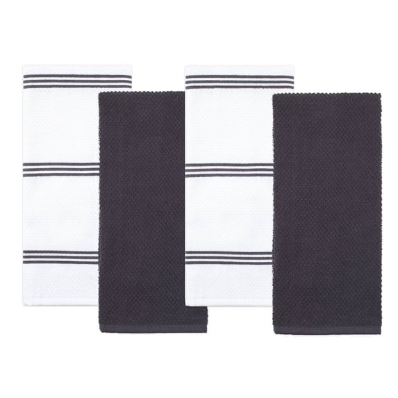 Sticky Toffee Large Terry Cotton Kitchen Towels, Stripe Design, Absorbent, Set of 4, Gray/White