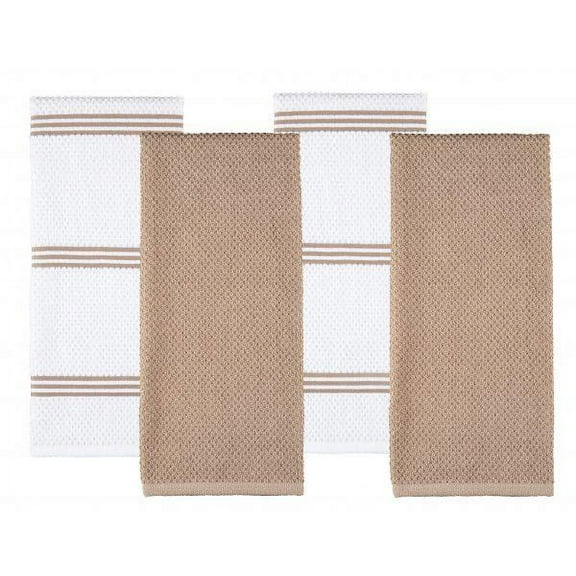 "Sticky Toffee Kitchen Towels, 100% Cotton, Set of 4, Tan/White, 28""x16"""