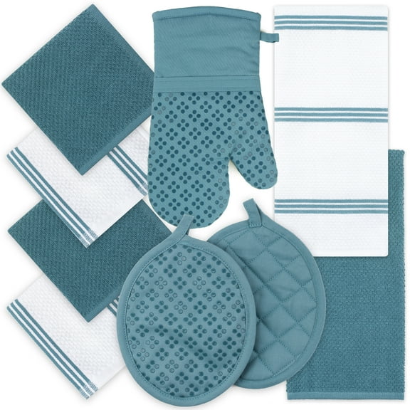 Sticky Toffee 9-Piece Set, 100% Cotton, Absorbent Dish Mittens & Potholder, Oven Safe, Ideal Gift