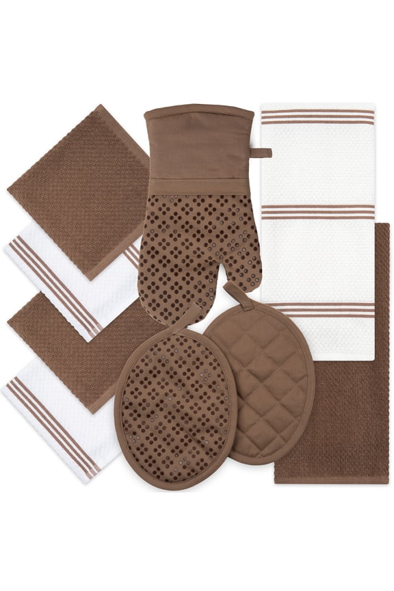 Sticky Toffee 9-Piece Set: Dish Potholder, Mittens, Chef Cooking Oven, 100% Cotton, Absorbent