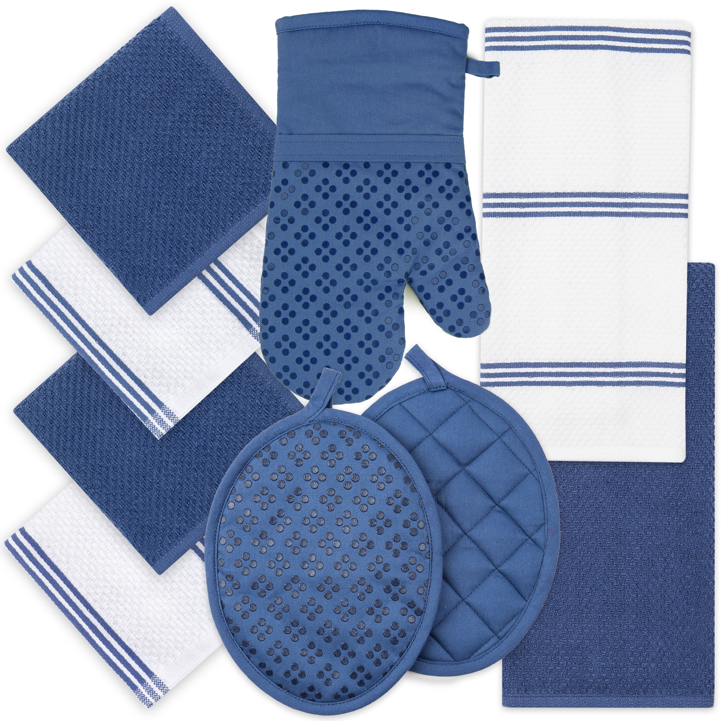 Sticky Toffee Printed Silicone Oven Mitt and Pot Holders, 100% Cotton, 3 Piece Set, Blue