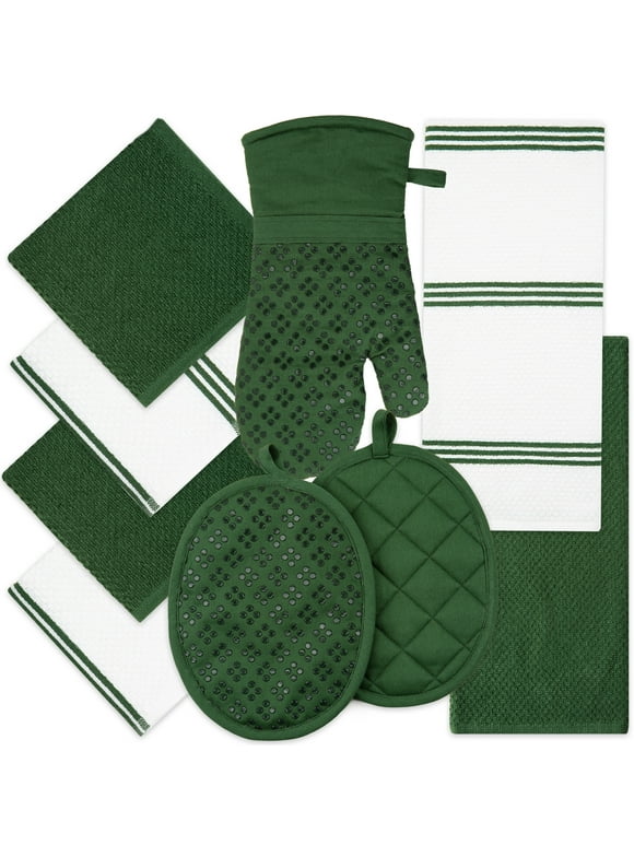 Sticky Toffee Kitchen Towels Dishcloths Oven Mitts and Pot Holders Set of 9, 100% Cotton Terry, Non-Slip Silicone, Dark Green