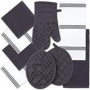 Sticky Toffee Kitchen Towels Dishcloths Oven Mitts and Pot Holders Set of 9, 100% Cotton Terry, Non-Slip Silicone, Gray