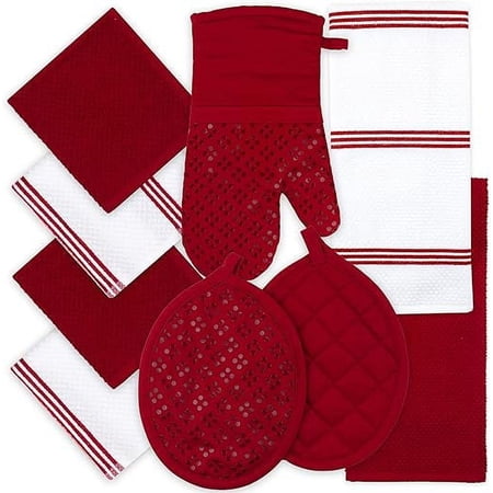 Sticky Toffee 9-Piece Set, 100% Cotton, Non-Slip Oven Mittens and Dish Potholder, Absorbent Cooking Linen