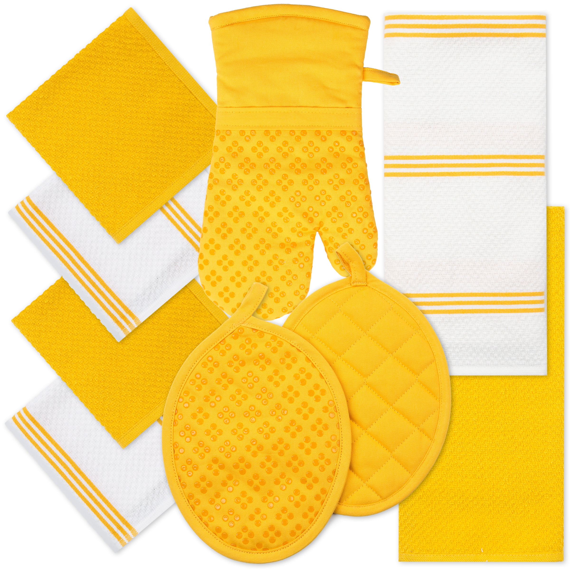 Sticky Toffee Kitchen Towels Dishcloths Oven Mitts and Pot Holders Set of  9, 100% Cotton Terry, Non-Slip Silicone, Yellow