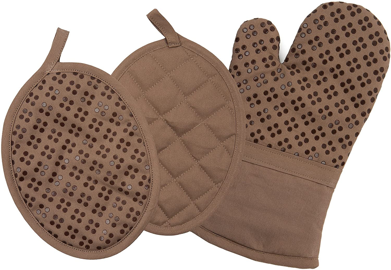 Sticky Toffee Oven Mitt and Pot Holders Cotton Set of 3, Silicone NonSlip Kitchen Set, Brown